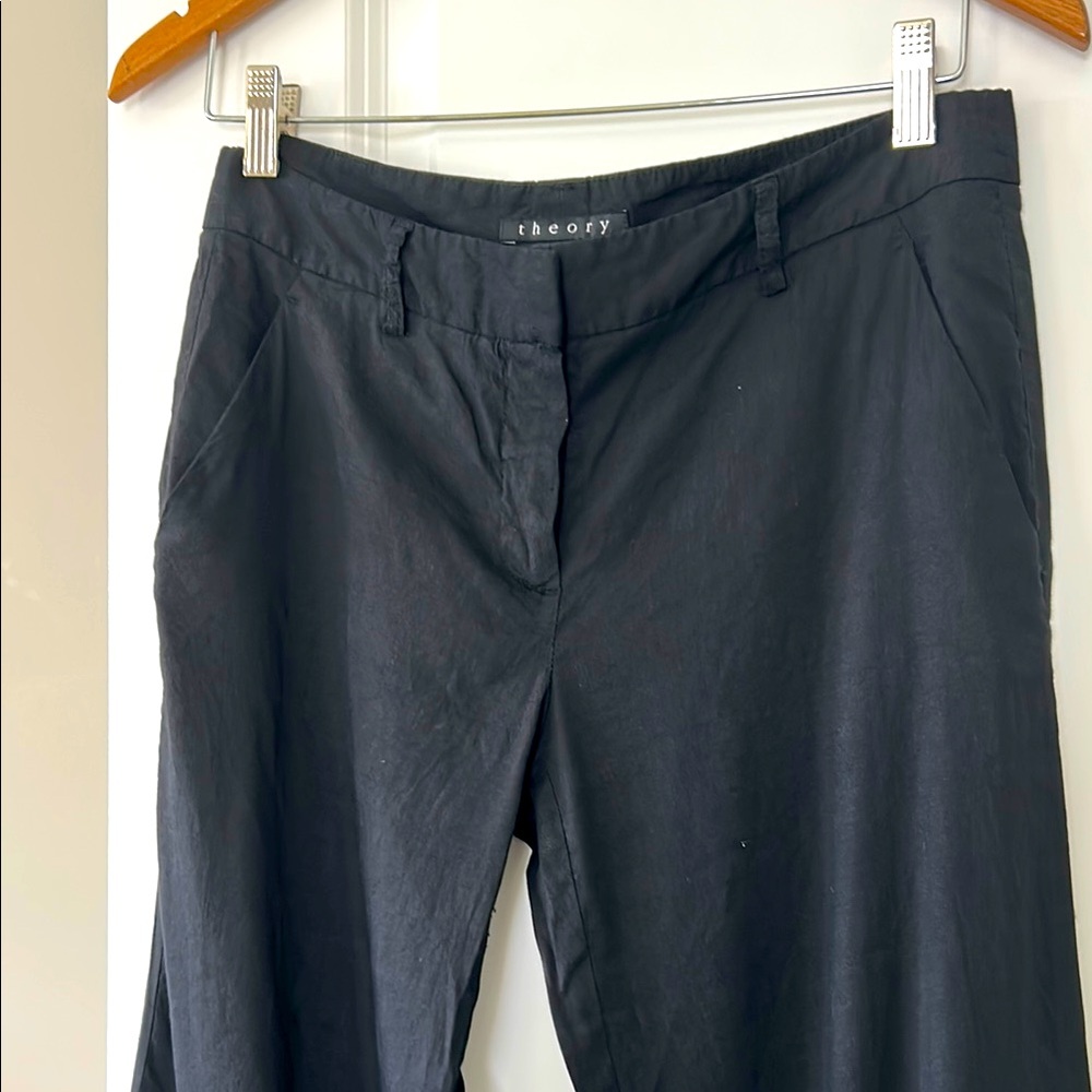Theory Emery Black Crunch Flare Trousers Stretchy Linen Blend Sz 6+ MEASUREMENTS